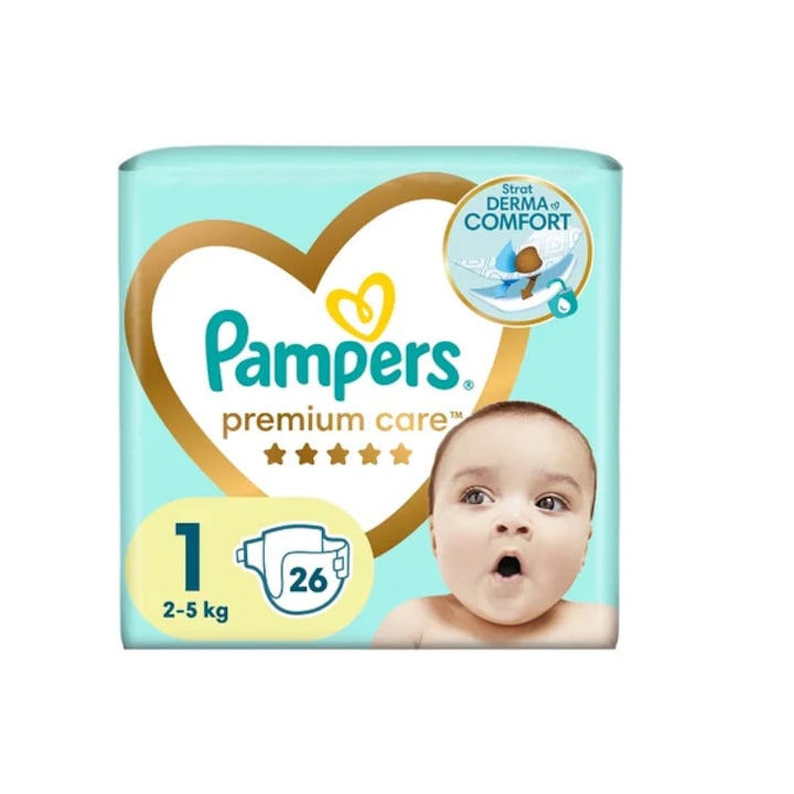 Scutece Pampers Premium Derma Comfort Marimea NR. 1, Nou Nascut, 2-5 kg, 26 buc - Testat Dermatologic
