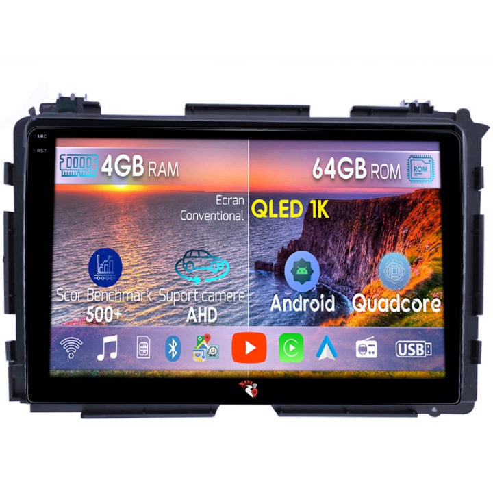Navigatie dedicata Honda Vezel 2014/HR-V/XR-V, 4GB RAM 64GB ROM, Octacore, Android 14, Display QLED 1K 9", Carplay&Android Auto, SIM 4G, Ventilator Activ