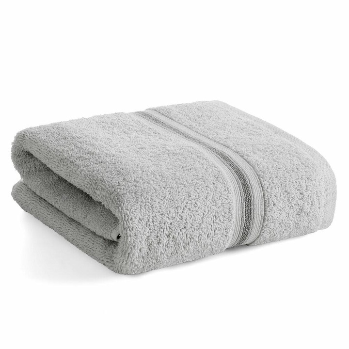 Prosop, EUROFIRANY, 70x140 cm, Argintiu, Bumbac, Moale, Absorbant Si Cu Uscare Rapida, Durabil Si Confortabil, Cu Banda Decorativa, Ideal Pentru Baie, Hotel Si Spa