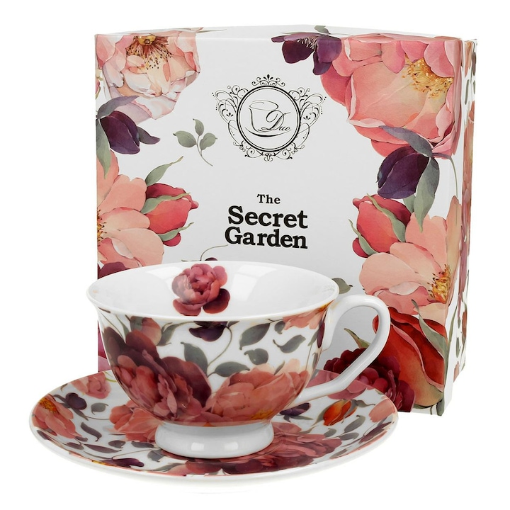 Cească Cafea DUO Royal Spring Roses White, 250 ml, Alb, Porțelan, Formă Clasică cu Mână, Farfurie Inclusă, Ambalaj Cadou Elegant