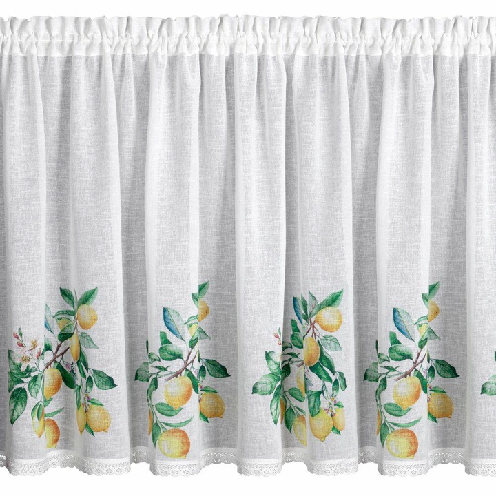 Завеса, EUROFIRANY, Cloe, 90x150 см, Бяла, С мотив лимони и листа, Полупрозрачна етамина с дантела, Лека и декоративна, Тунелен монтаж, Идеална за кухня и хол