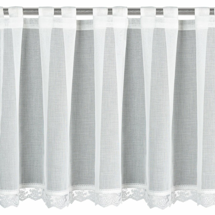 EUROFIRANY, Suzan függöny, 150x70 cm, fehér, félig átlátszó, csipkebevonattal, könnyed és romantikus, pántokra szerelhető, ideális konyhába és étkezőbe klasszikus vagy rusztikus stílusban
