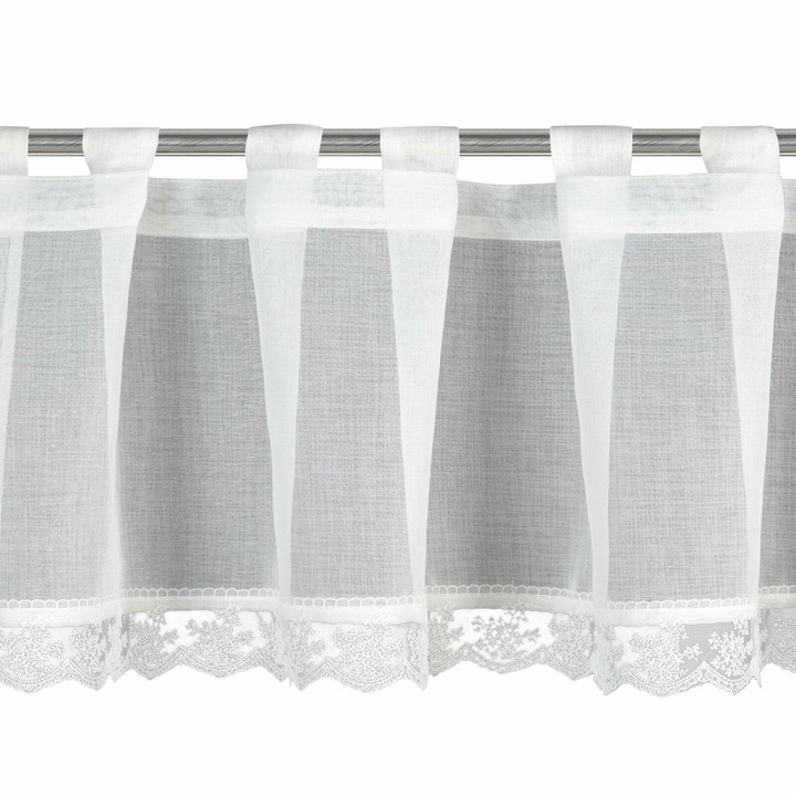EUROFIRANY, Suzan függöny, 150x40 cm, fehér, félig átlátszó, csipkebevonattal, könnyed és romantikus, pántokra szerelhető, ideális konyhába és étkezőbe klasszikus vagy rusztikus stílusban