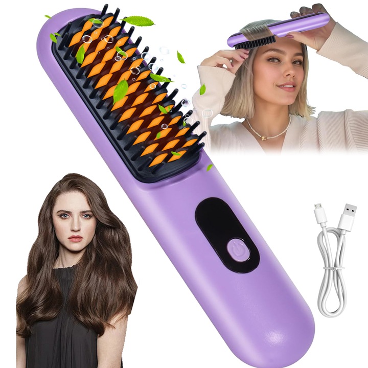 Perie de par electrica buyya, trei setari de temperatura, tehnologie cu ioni negativi, design mini wireless, USB-C, 2000mAh, 35W, 5V 2A, violet