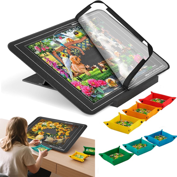 Covor pentru aranjat si depozitat puzzle pana la 1000 piese(fara puzzle si suport), Buyya, cu 6 tavi de depozitare, cu Membrana acoperita, material premium din fetru, Robust si antiderapant, 81 x 56 x 0.9cm