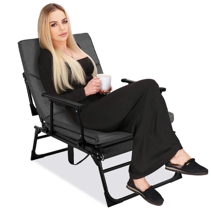 Сгъваем фотьойл 2 в 1, тип шезлонг, с 5 позиции, метална конструкция и матрак включени, 180x58x89 см, сив