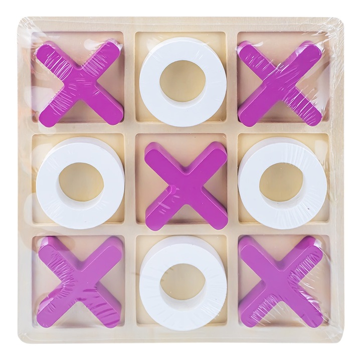 Joc interactiv Tic-Tac-Toe, X si 0 din lemn, Lemn / Mov