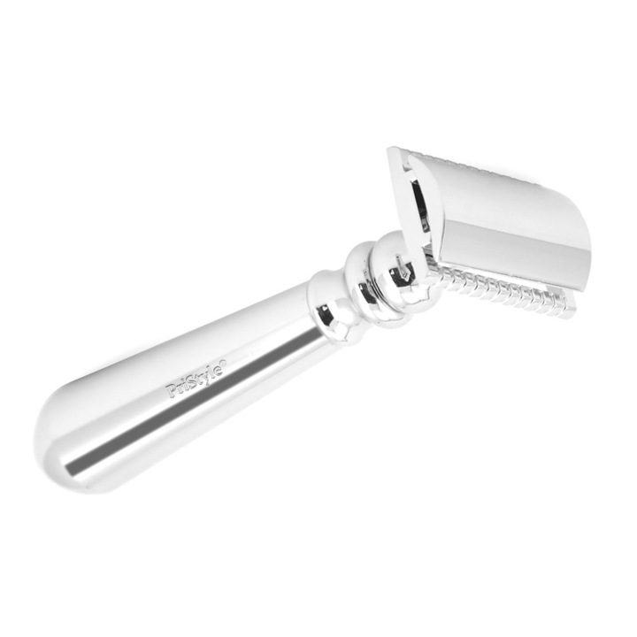 Aparat de Ras Clasic din Otel Inoxidabil Cromat, Design Elegant si Durabil, Maner Ergonomic pentru Control Perfect, Ras de Precizie si Confort Zilnic Fara Iritatii, Argintiu, PriStyle®
