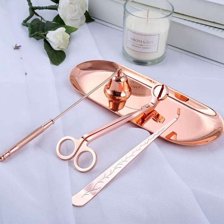 Декоративен комплект с 4 аксесоара за гасене на свещи, AB Luxury Concept®, Комплект аксесоари за грижа за свещи, ножица за фитил, звънец, пинсета и тава, неръждаема стомана, розово злато