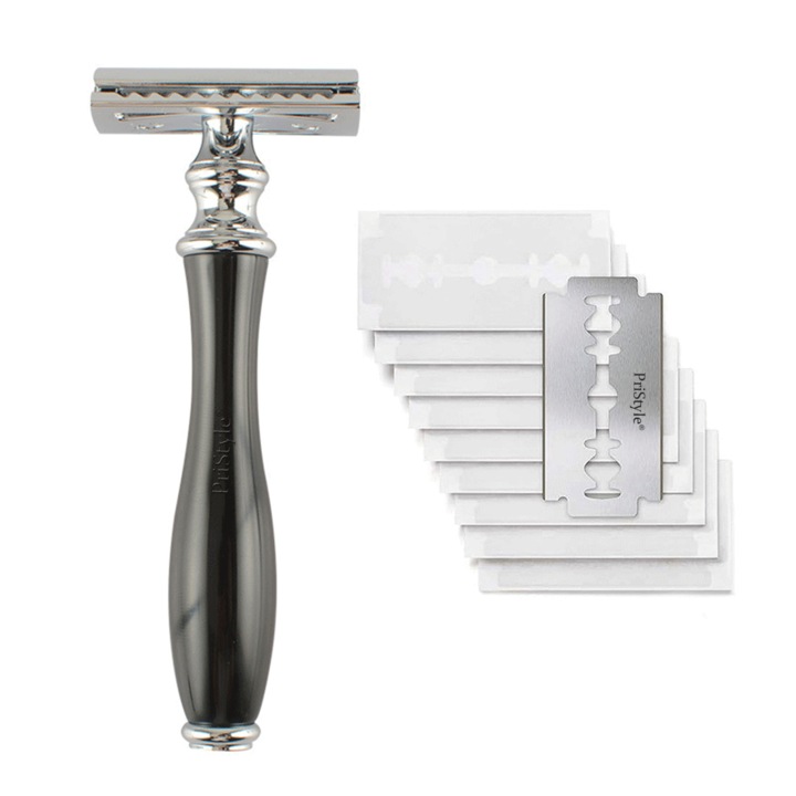 Комплект традиционни самобръсначки, класическо бръснене с двойно острие и 10 резервни остриета, ергономична дръжка от неръждаема стомана, графитно сиво, хромирани покрития, първокласен дизайн за прецизни подрязвания и перфектни контури, PriStyle®