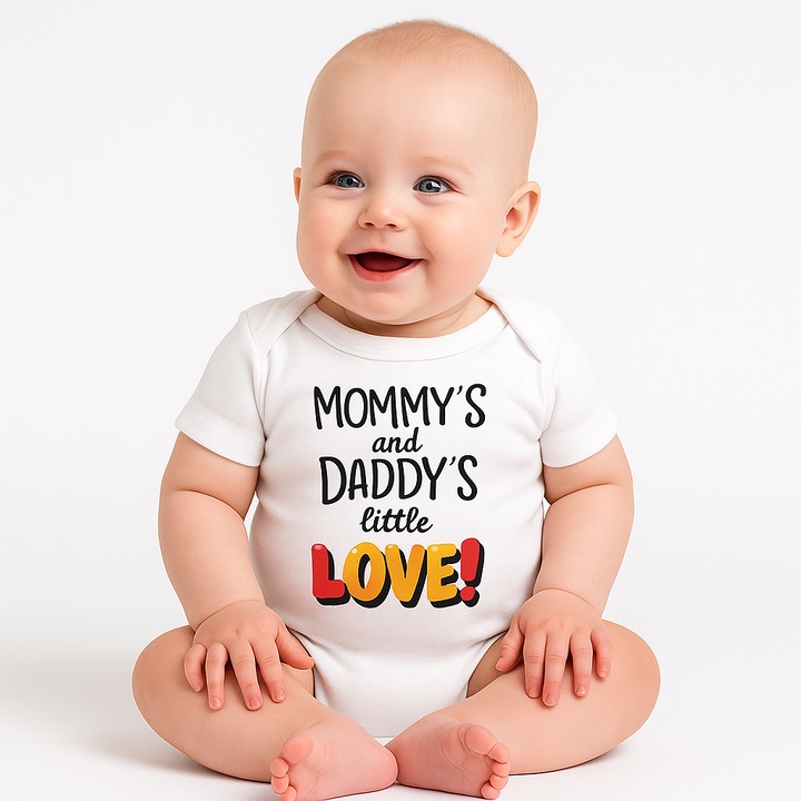 Бебешко боди, унисекс, 100% памук, къс ръкав, с текст "Mommy's and Daddy's Little Love", бяло