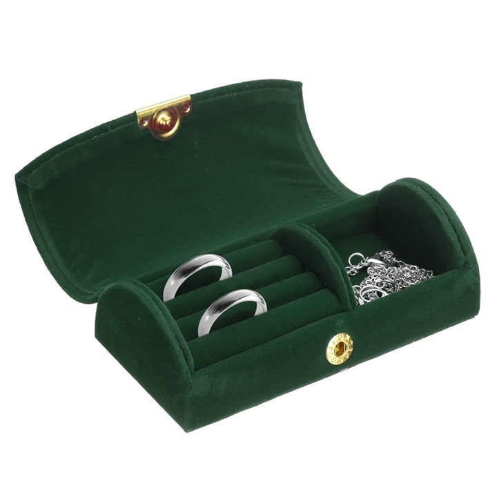 Cutie organizatoare pentru bijuterii, Caravaan®, Compartimente Cercei, Inele, Coliere, Interior Catifea, 10.2x5.1x3.5cm, Verde