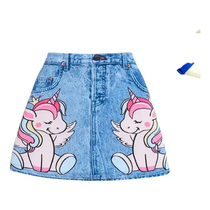 Fusta fetite, imitatie blug, cu imprimeu colorat, 8 ani, 128 cm