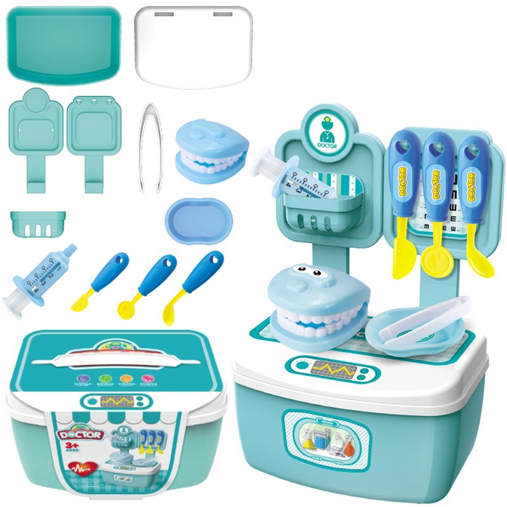 Jucarie set de doctor pentru copii, Caravaan®, Pentru jocul de rol al copiilor, Cosplay, Cu Cleste/Mulaj Dentar/Seringa, Varsta +3 ani, ABS, 17.5x12x25.5cm, 14 piese, Albastru/Verde