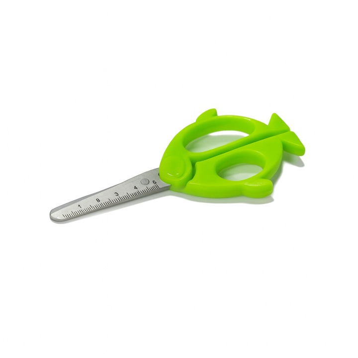 Gyerek olló, felső pengéjén fokozatos emeléssel, lekerekített hegygel és ergonomikus nyéllel, ideális oktatási tevékenységekhez, zöld