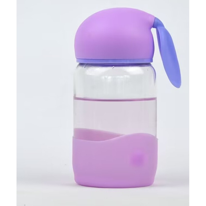 Чаша/бутилка за вода с капак тип ухо и силиконова основа, пастелен дизайн, лилава/люляк