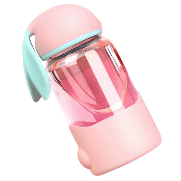 Бутилка за вода с капак тип ухо и силиконова основа, пастелен дизайн, розов