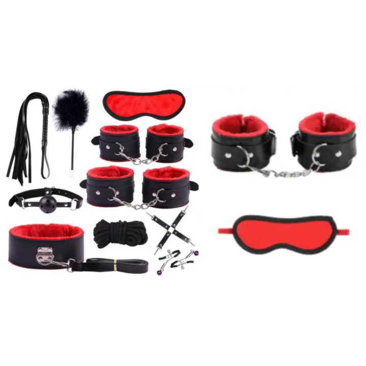 Set 11 Jucarii, EJANBO Fabricat din piele ecologica si aliaj metalic, potrivit pentru activitati BDSM fetish bondage si dominatie, cleme, bici, cravata, zgarda, legat la ochi, catuse, rosu