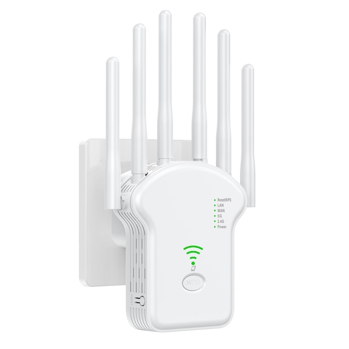 WiFi Extender 1200 Mbps, 900-as lefedettség, 6 antenna, Adaptív útvonal, Hozzáférési pont mód, Fehér
