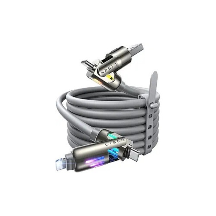 Cablu de date USB C la Lightning, Lisen, 4 in 1, 240W, 1m, Gri