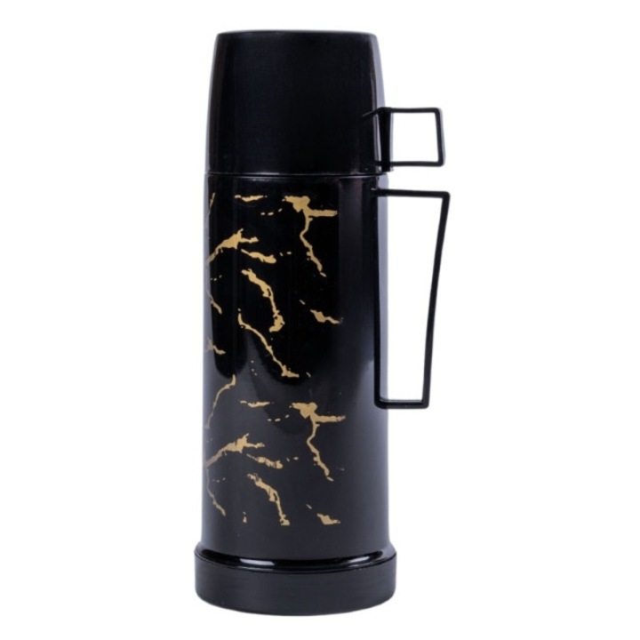Termos Bauturi Reci sau Calde, Izolatie Dubla in Vid, Negru-Auriu, 1800ml
