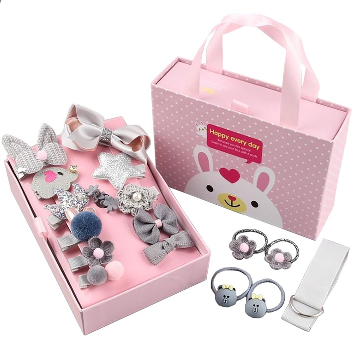 Set 18 Piese Accesorii pentru Par Fete, Benzi Elastice si Clips, Diverse Stiluri, Gri, Cu Cutie Cadou