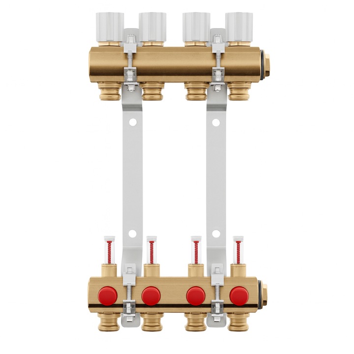 Set distribuitor-colector Giacomini R553KY064, 4 circuite, suporti de montaj, debitmetre, ventile micrometrice, eficienta si confort termic ridicat
