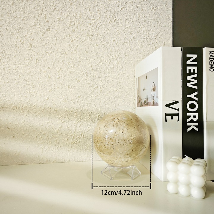 Sfera decorativa din travertin natural, autentica, bej, 12 cm