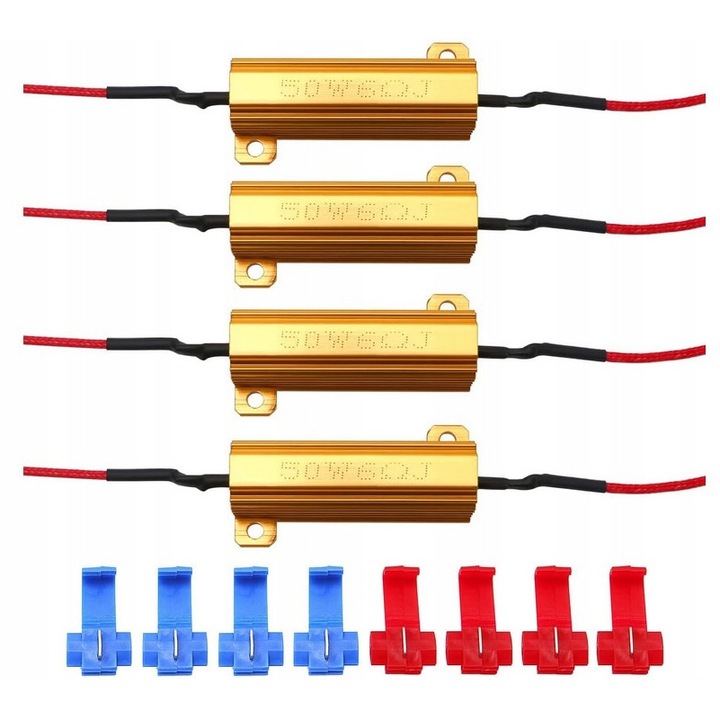 4 bucati Rezistori / Anulator Eroare Bec Led de 50 W 6 Ohm pentru autovehicul LED SMD Indicator Error Code Fix, pentru indicator LED, LED placuta de inmatriculare, DRL, cu 8 cleme rapide de cablu