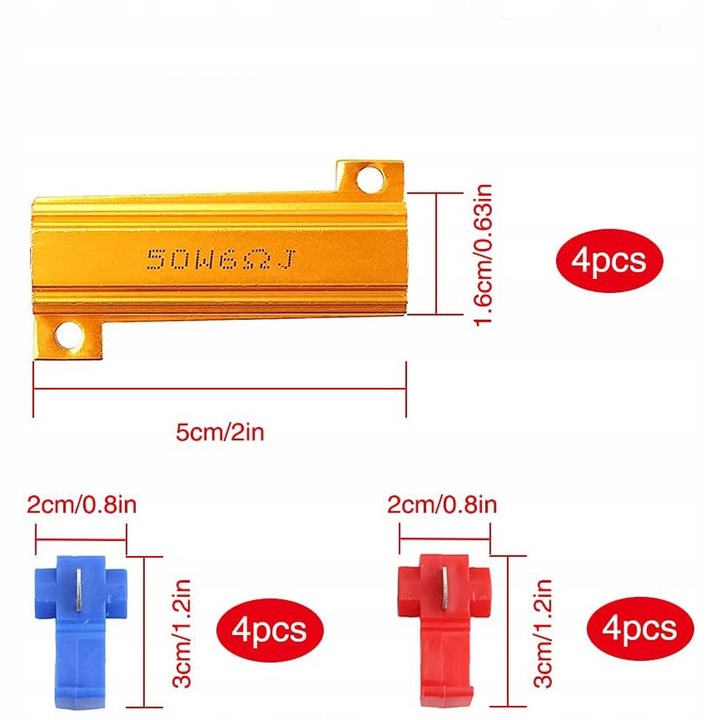 4 bucati Rezistori / Anulator Eroare Bec Led de 50 W 6 Ohm pentru autovehicul LED SMD Indicator Error Code Fix, pentru indicator LED, LED placuta de inmatriculare, DRL, cu 8 cleme rapide de cablu
