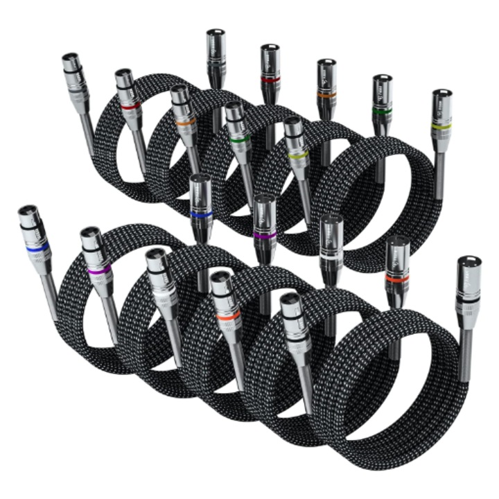 Pachet de 10 cabluri XLR 8 metri, FIBBR, impletit din nailon, XLR tata-mama, utilizat pentru microfon, echilibrat si rezistent, compatibil cu preamplificatoare/sisteme de difuzoare