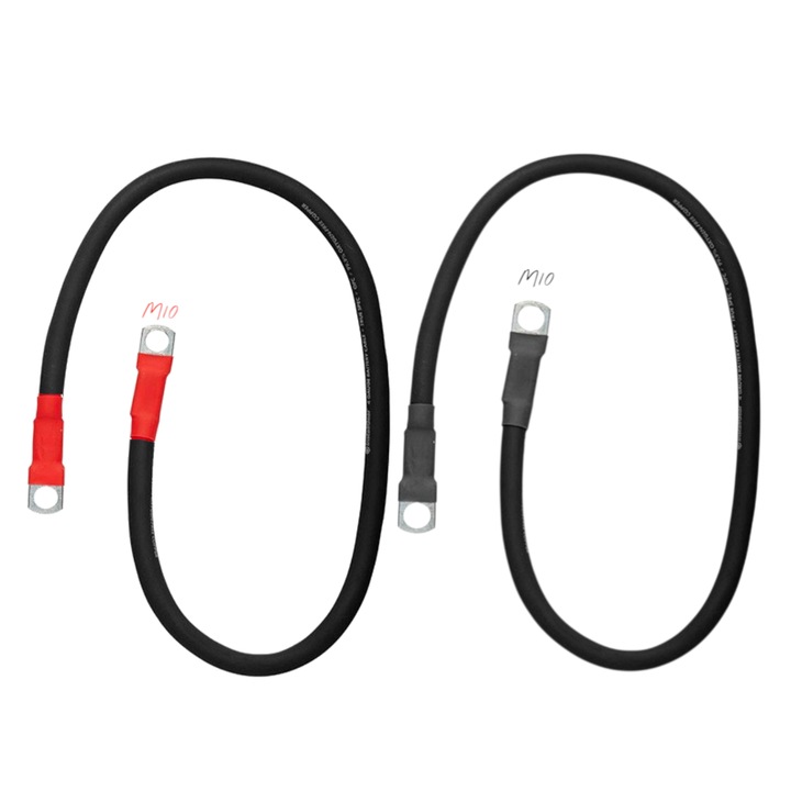 Меден кабел 25 мм, 2x50 см, комплект от 2 броя, с накрайник M10, за свързване на батерии, инвертори, мостови токоизправители, между 12/24 V, 36 V, 48 V батерии, използва се за лодки, слънчеви батерийни системи, електрически машини и оборудване.