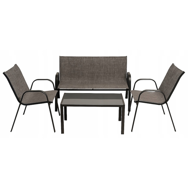 Set Mobilier De Gradina, Ekspand, Zmo-S-1, Cadru Din Otel Vopsit Electrostatic, Scaune Confortabile Din Tesatura Respirabila Si Elastica De Culoare Gri, Mese Cu Blat Din Sticla Securizata, Constructie Rezistenta La Intemperii, 114 cm x 77 cm x 65 cm