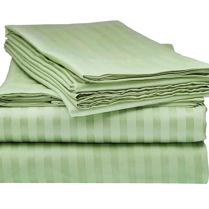 Cearceaf de pat Kotonia Home Deco, 100% bumbac, Damasc Saten, dimensiune dungi 1 cm, Verde Fistic, 150x240 cm