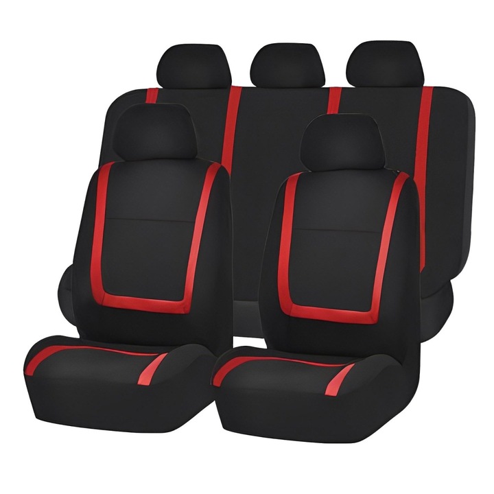 Set huse auto CED AUTO TRADE universale negru cu rosu, 9 piese, poliester, pentru scaune fata-spate
