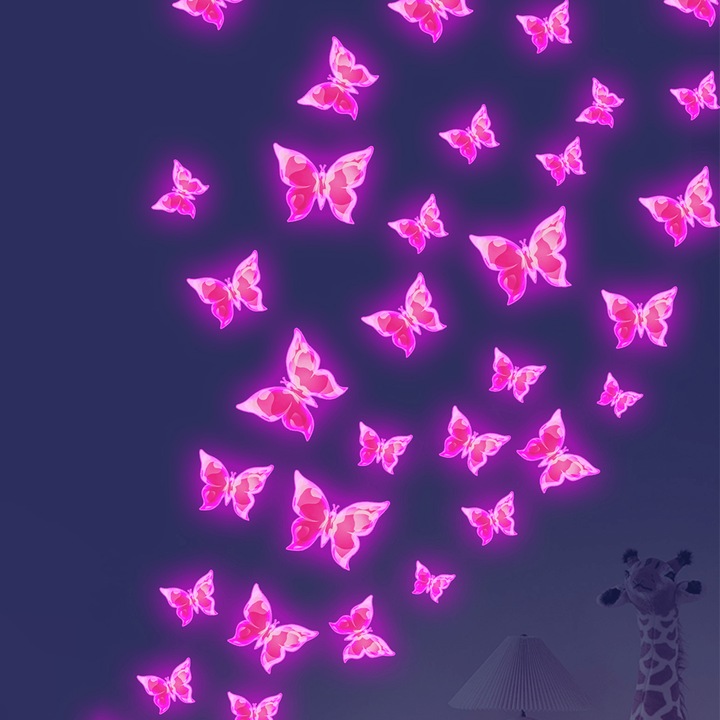 1 Комплект / 6 Броя Светещи Стикери Пеперуди в Розово-Лилаво За Декорация на Стени: Всекидневна, Спалня, Детска Стая, Офис, Креативен Аксесоар, 15×15см