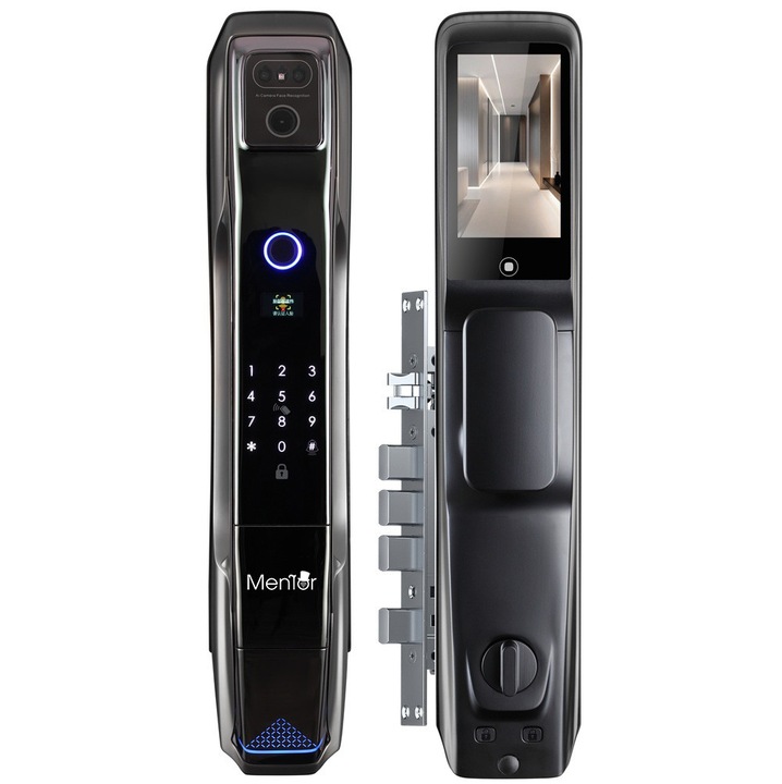 Yala Smart Wireless Wifi pentru usi din Otel, Lemn si PVC /Termopan, 7in1 cu Sonerie, Aplicatie, Amprenta, Parola /Cifru, Camera video si Recunoastere Faciala, Card si Cheie - Mentor SY137 Acumulator, Neagra