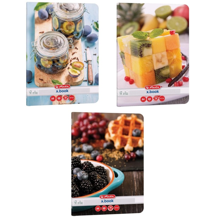 Set 3 caiete Herlitz A4, 60 file, hartie 70 g/mp, matematica, motiv Healthy Snack