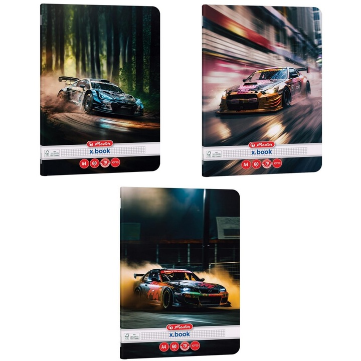 Set 3 caiete Herlitz A4, hartie 70 g/mp, 60 file, matematica, motiv Race Cars, coperta carton 170 g/mp