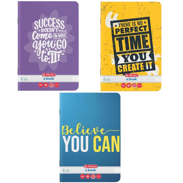 Set 3 caiete Herlitz A4, 80 file, hartie 70 g/mp, dictando, motiv Quotes