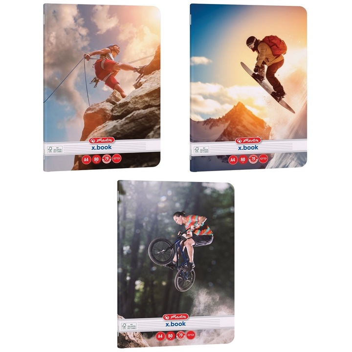 Set 3 caiete Herlitz A4, 80 file, hartie 70 g/mp, dictando, motiv Extreme