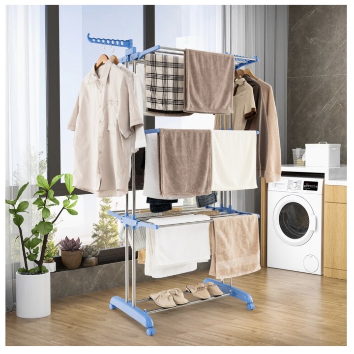 Függőleges ruhaszárító, Razo, Mobil és összecsukható kis helyekre, 3 szint, Akasztó, Állítható magasság 75-126 x 64x170, 50 kg-ig, Kék