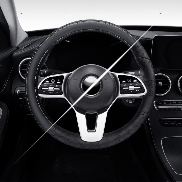 Husa Volan Auto, Diametru 38 cm, Microfibra Piele Ecologica, Universal Fit 37-39 cm, Antiderapanta, Moale si Confortabila, Protectie Anti-uzura, Neagra cu Accente Albe