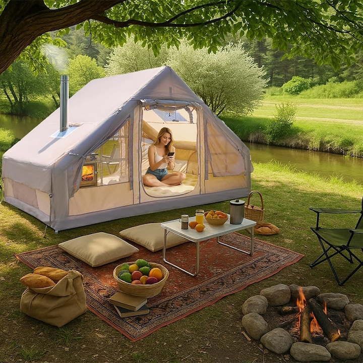 Надуваема палатка, ZYNORO®， 420D, водоустойчива + UPF50+, надуваема палатка с двойни врати и прозорци (с отвор за печка), с ръчна помпа, 4-6 човека, два въздушни клапана, с покривен прозорец, 200x300x210 см