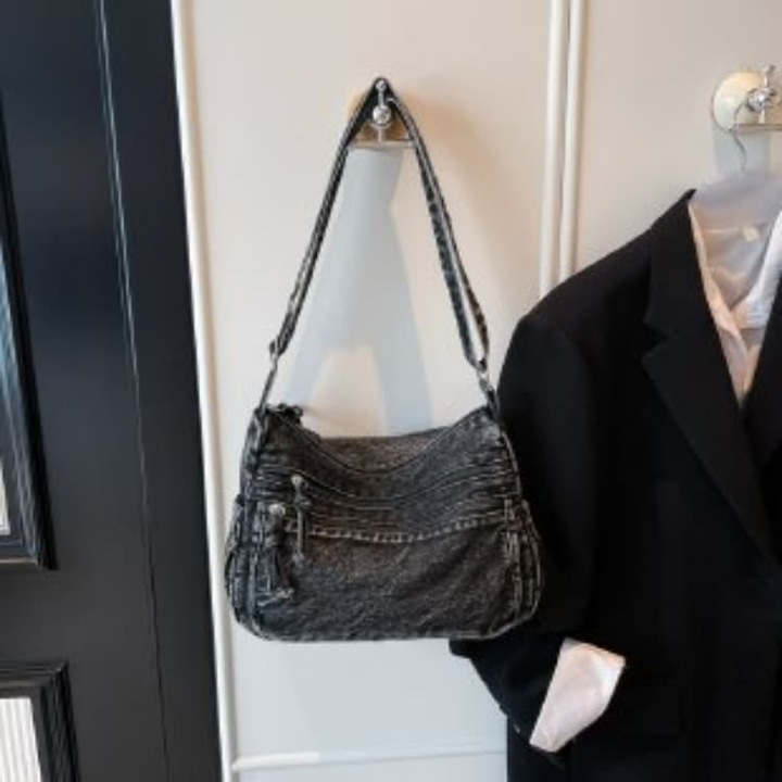 WNANNAN Geanta tote din denim in trei, Crossbody Sintetic, Negru, Universal