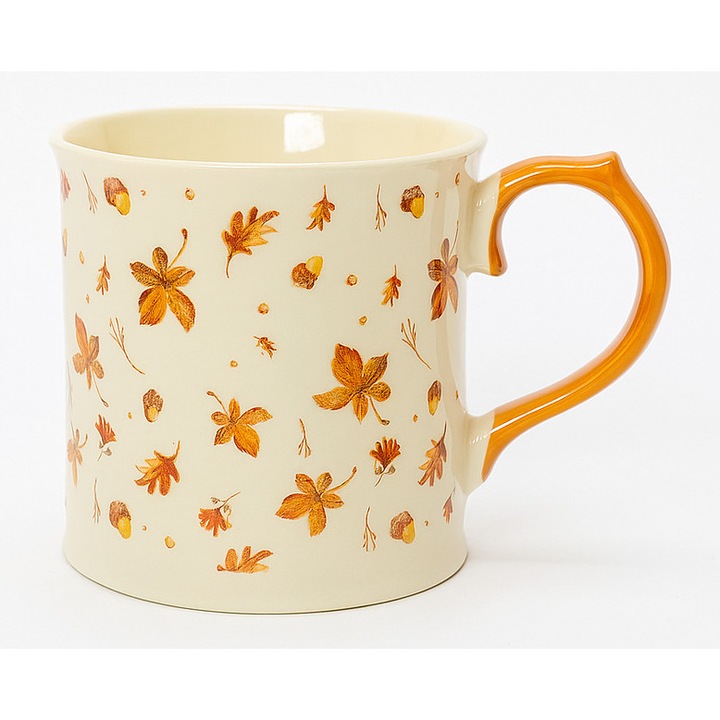 Cana Rado, 350ml, crem cu maner portocaliu, motiv frunze, 9x13,5x8,8cm