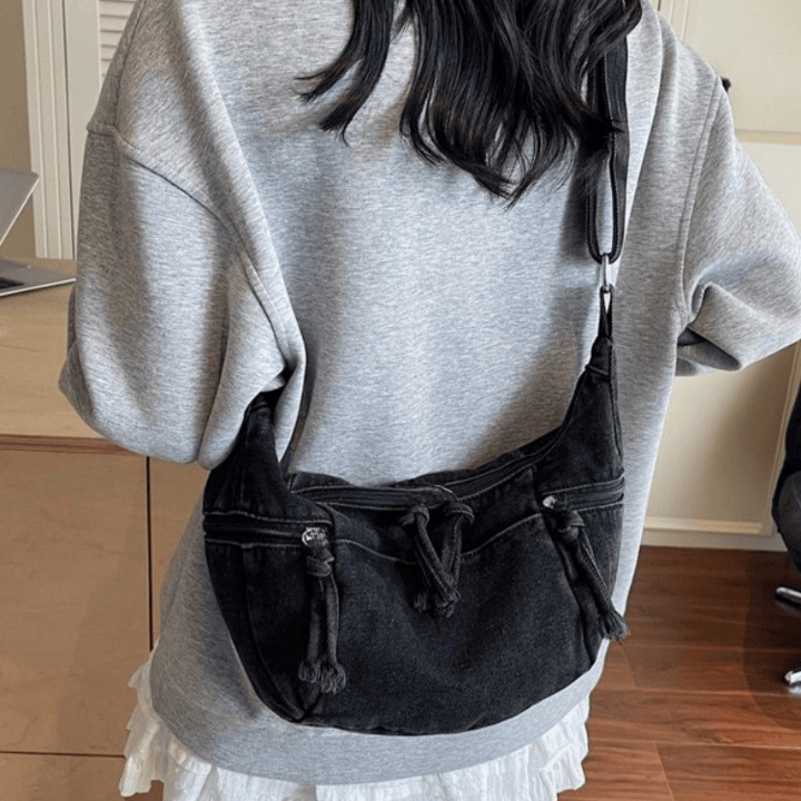 Geanta vintage din denim in trei WNANNAN, Crossbody Sintetic, Negru, Universal