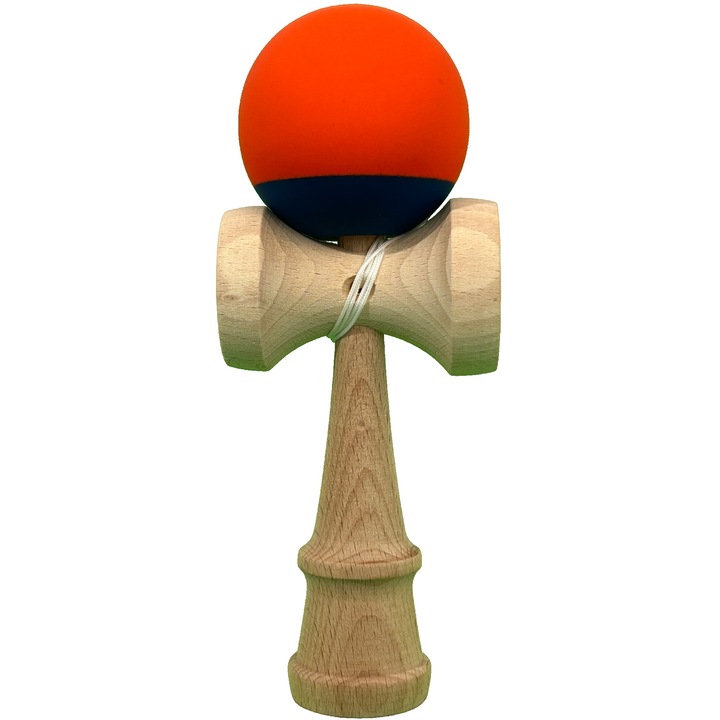 Professzionális Kendama interaktív játék, Flippy, Fa gumibevonatú labdával, 18 x 6 x 7 cm, Ügyességi játék gyerekeknek és felnőtteknek, Kétszínű Narancssárga Sötétkék