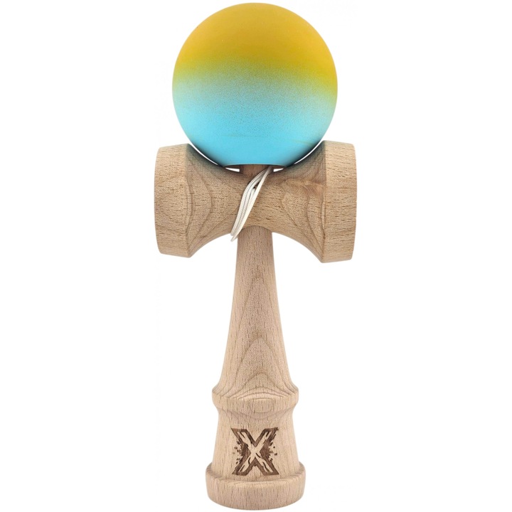 Kendama X Originala, Profesionala, Flippy, din Lemn, Rubber Grip, 18 cm, Galben/Albastru