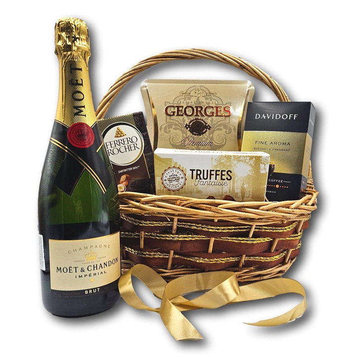 Cos cadou elegant, CADOURI PREMIUM®, model Moet Sense, cu sampanie Moet, cafea de lux Davidoff si o selectie de surprize de ciocolata, creat pentru a celebra momente speciale